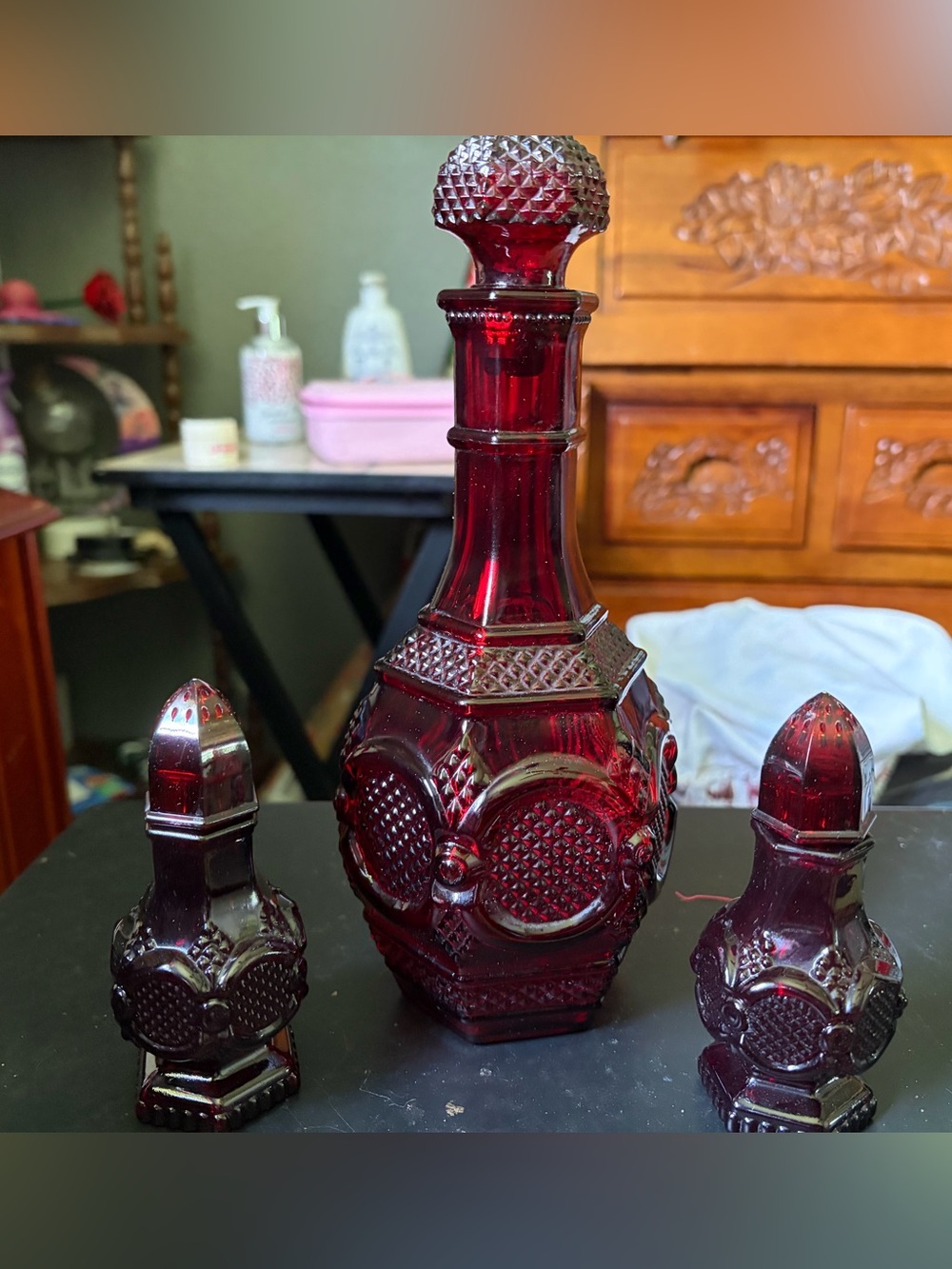 Vintage Avon Ruby red dispenser and salt and pepper shaker